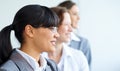 Thinking, business people or happy team in row, planning future or strategy isolated in studio on a white background Royalty Free Stock Photo