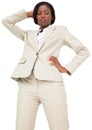 Thinking businesswoman in cream suit Royalty Free Stock Photo