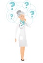 Thinking caucasian doctor with question marks. Royalty Free Stock Photo