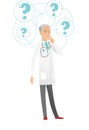 Thinking caucasian doctor with question marks. Royalty Free Stock Photo