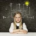 Thinking child girl with question signs and light idea bulb, education concept Royalty Free Stock Photo