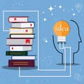 Thinking concept,Imagination,Brainstorming concept with light bulb and books,Human head with light bulb recharging power from the