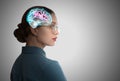 Thinking concept. Young woman and illustrated brain on grey background