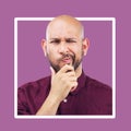 Thinking, confused and mockup by man in frame, studio and advertising, space and purple background. Doubt, unsure and Royalty Free Stock Photo