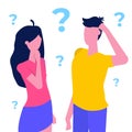 Thinking couple, woman and man  with question marks  thinking together. Royalty Free Stock Photo