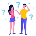 Thinking couple, woman and man  with question marks  thinking together. Royalty Free Stock Photo