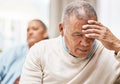 Thinking, doubt and divorce with old man on sofa with woman for breakup, anger and frustrated. Fight, mental health and Royalty Free Stock Photo