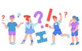 Thinking, doubting and confused children have questions, cartoon vector isolated