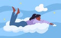 Thinking and dreams, happy serene alone time of girl lying and touching soft cloud Royalty Free Stock Photo