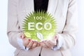 Thinking ECO symbol in woman hands. Royalty Free Stock Photo
