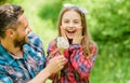 Thinking of ecology. little girl and happy man dad. earth day. spring village country. family summer farm. ecology Royalty Free Stock Photo