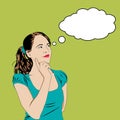 Thinking girl in pop art comics style with speech bubble for  text. Royalty Free Stock Photo