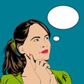 Thinking girl in pop art retro style with speech bubble for  text. Royalty Free Stock Photo