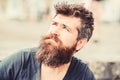 Thinking and hesitating. Bearded man concentrated face. Thoughtful mood concept. Making important choices. Man with Royalty Free Stock Photo