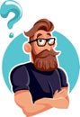 Thinking Hipster Bearded Man with Question Mark Vector Cartoon