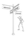 Thinking human figure and crossroad arrow sign