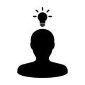 Thinking icon vector male person profile avatar symbol with bulb for creative idea for business development in Glyph Pictogram Royalty Free Stock Photo