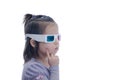 Thinking idea little baby girl in 3D anaglyph cinema glasses for stereo image system with polarization. 3D goggles