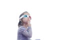 Thinking idea little baby girl in 3D anaglyph cinema glasses for stereo image system with polarization. 3D goggles wit