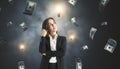 Thinking and idea of making money concept with pensive businesswoman on dark foggy background among lightbulbs and dollar Royalty Free Stock Photo