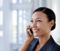 Thinking, listening or happy businesswoman on a phone call talking, networking or speaking of ideas in office. Vision Royalty Free Stock Photo
