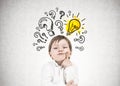 Thinking little boy, question marks, idea Royalty Free Stock Photo