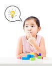 Thinking little girl with idea bulb above the head Royalty Free Stock Photo