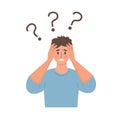 Thinking man holding his head in bewilderment surrounded by question marks.