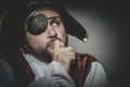Thinking, man pirate with eye patch and old hat with funny faces