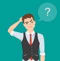 Thinking man with question mark. Cartoon vector illustration