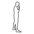 Thinking man standing silhouette Pensive person side view icon black color illustration outline