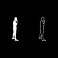 Thinking man standing silhouette Pensive person side view icon set white color illustration flat style simple image