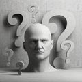 Thinking man statue and question marks