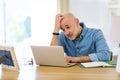 Thinking mid aged business man sitting at home and using laptop for work Royalty Free Stock Photo
