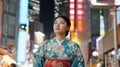 Thinking, night and Japanese woman with decision, travel and traditional clothes with wonder, relax and calm. Person