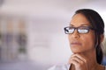 Thinking, office and businesswoman with glasses, work ideas and concentration on design career. Entrepreneur, creative Royalty Free Stock Photo