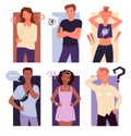 Thinking people confuse set, puzzled confused gestures of guy girl background collection