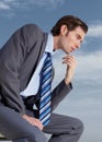 Thinking, planning and a business man on a blue sky background for corporate vision or development. Profile, idea and
