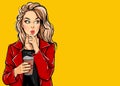 Thinking Pop Art woman with coffee cup. Advertising poster or party invitation with sexy girl with amazed face Royalty Free Stock Photo