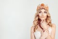 Thinking. Portrait closeup of happy crowned Beauty queen girl woman actress miss deciding looking away up white wall