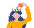 Thinking positive mindset. Girl watering flowers on her head with watering can