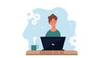 Thinking sad man on laptop vector flat illustration business concept. Professional human solution question problem work. Confusion