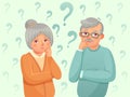 Thinking seniors couple. Confused elderly people. Grandfather, grandmother forget and trying remember cartoon vector illustration Royalty Free Stock Photo