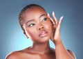 Thinking, skin and face of a black woman and beauty with dermatology and natural makeup. Headshot of African person on