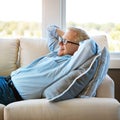 Thinking, sofa or happy mature man in house living room to relax with nostalgia or freedom on resting break. Glasses