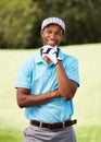 Thinking, sports and man golfer with smile for positive, good and confident attitude on field. Happy, fitness and Royalty Free Stock Photo