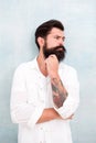 Thinking about style. Summer fashion. Bearded model casual outfit. Fashion model. Mature handsome hipster with beard Royalty Free Stock Photo