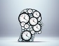 Thinking time concept as a group of clock objects shaped as a human head Royalty Free Stock Photo