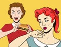 Thinking woman and girl with hamburger pop art