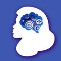 Thinking woman in paper cut style. Origami Lady Brainstorming. Brain, gears and cogs working together. Origami brain and Royalty Free Stock Photo